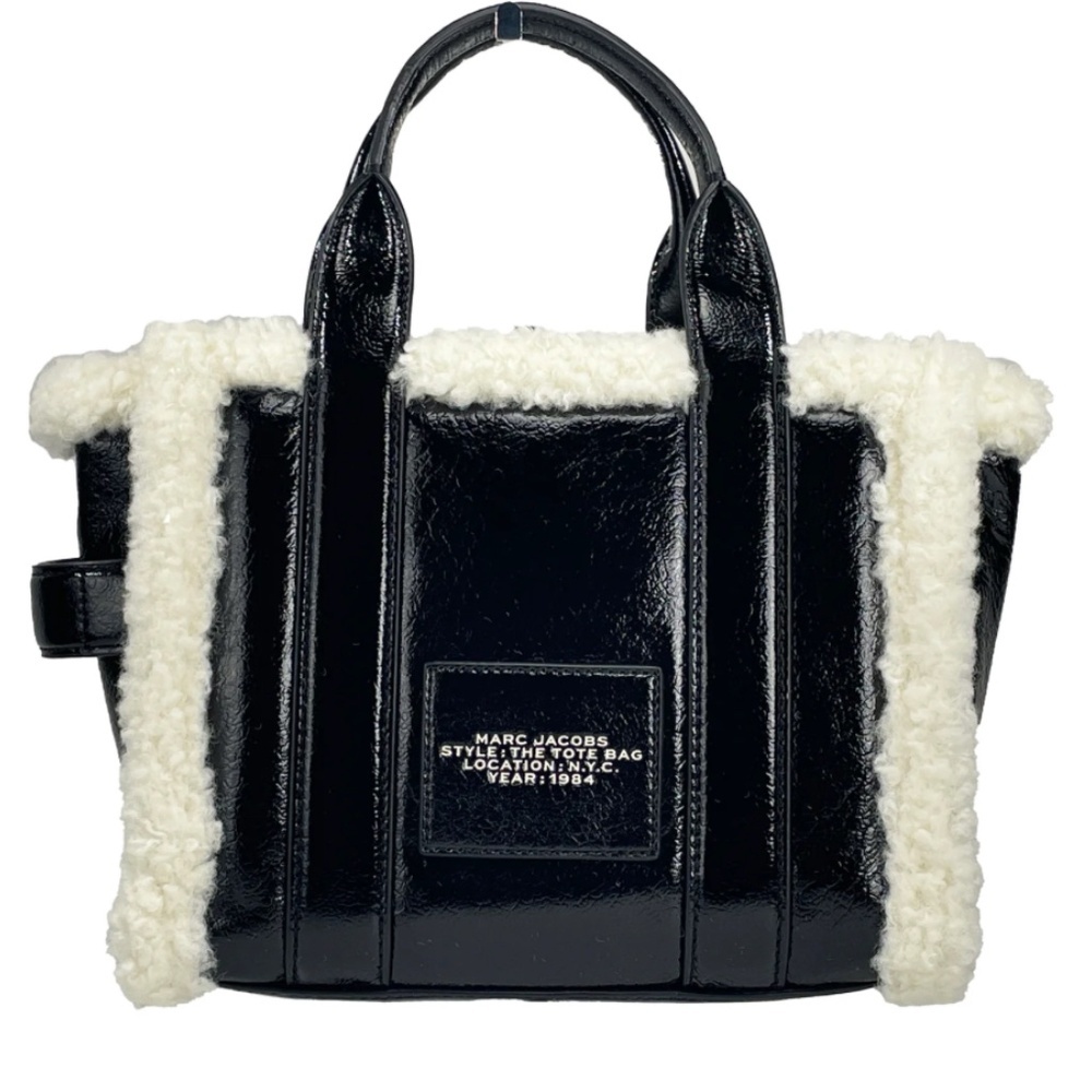 EUC Shiny Calfskin Faux Shearling Small The Traveler Tote Bag Black - Picture 2 of 4